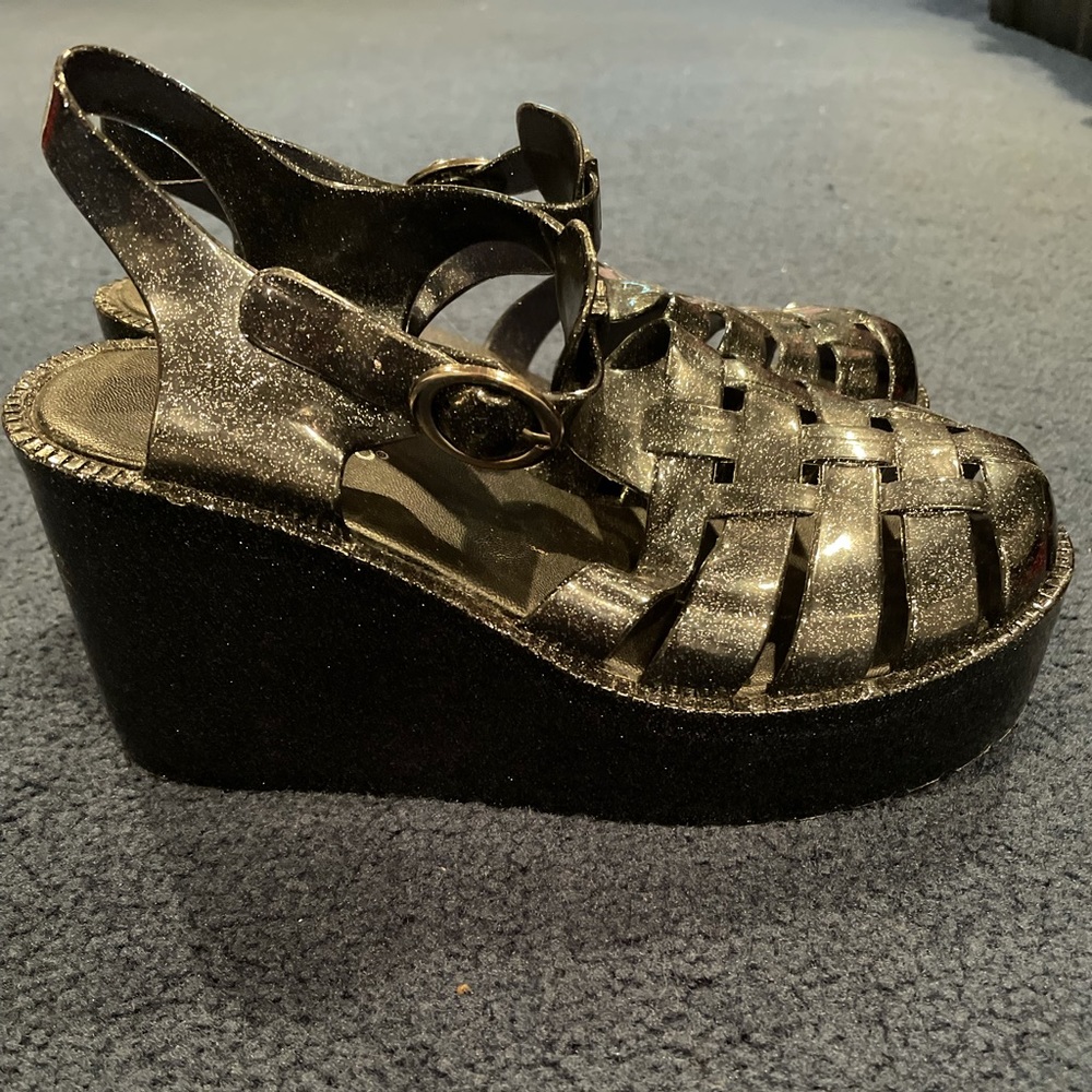 Like new black glitter jelly wedges.